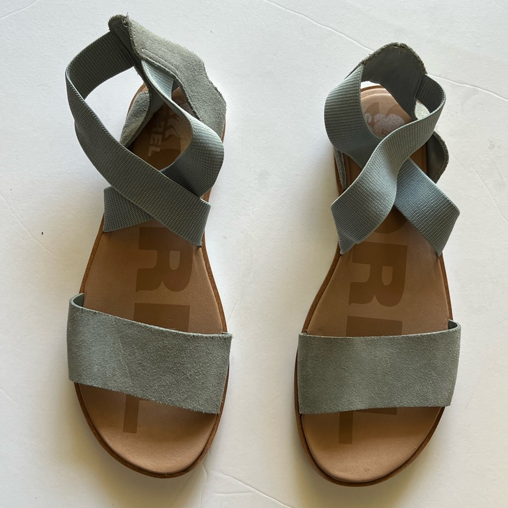 SOREL Women's Ella Flat Sandals Olive Grey Suede Leather/Elastic 7.5